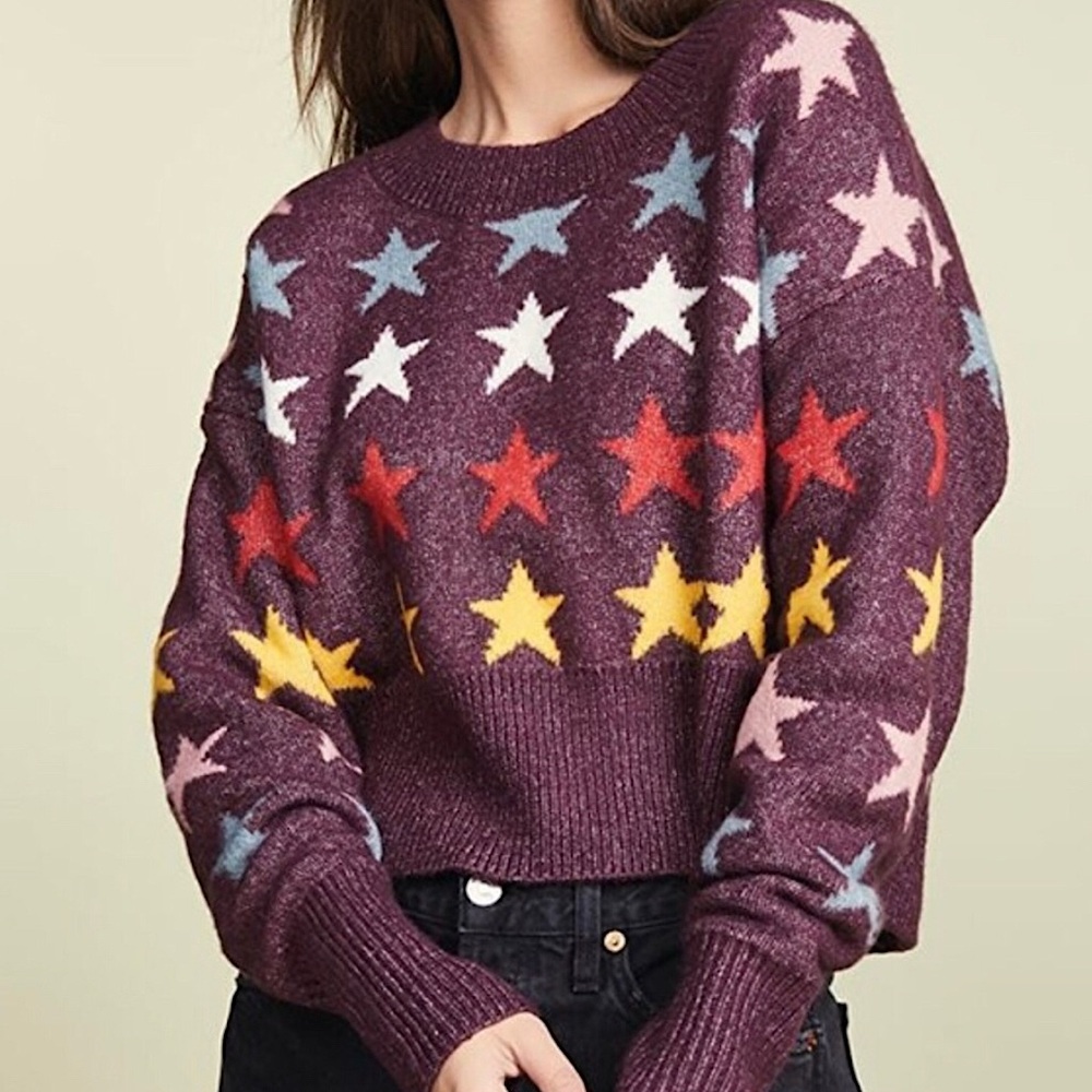 WILDFOX Star Elektra Sweater Rainbow Stars on Crushed Berry Size Small